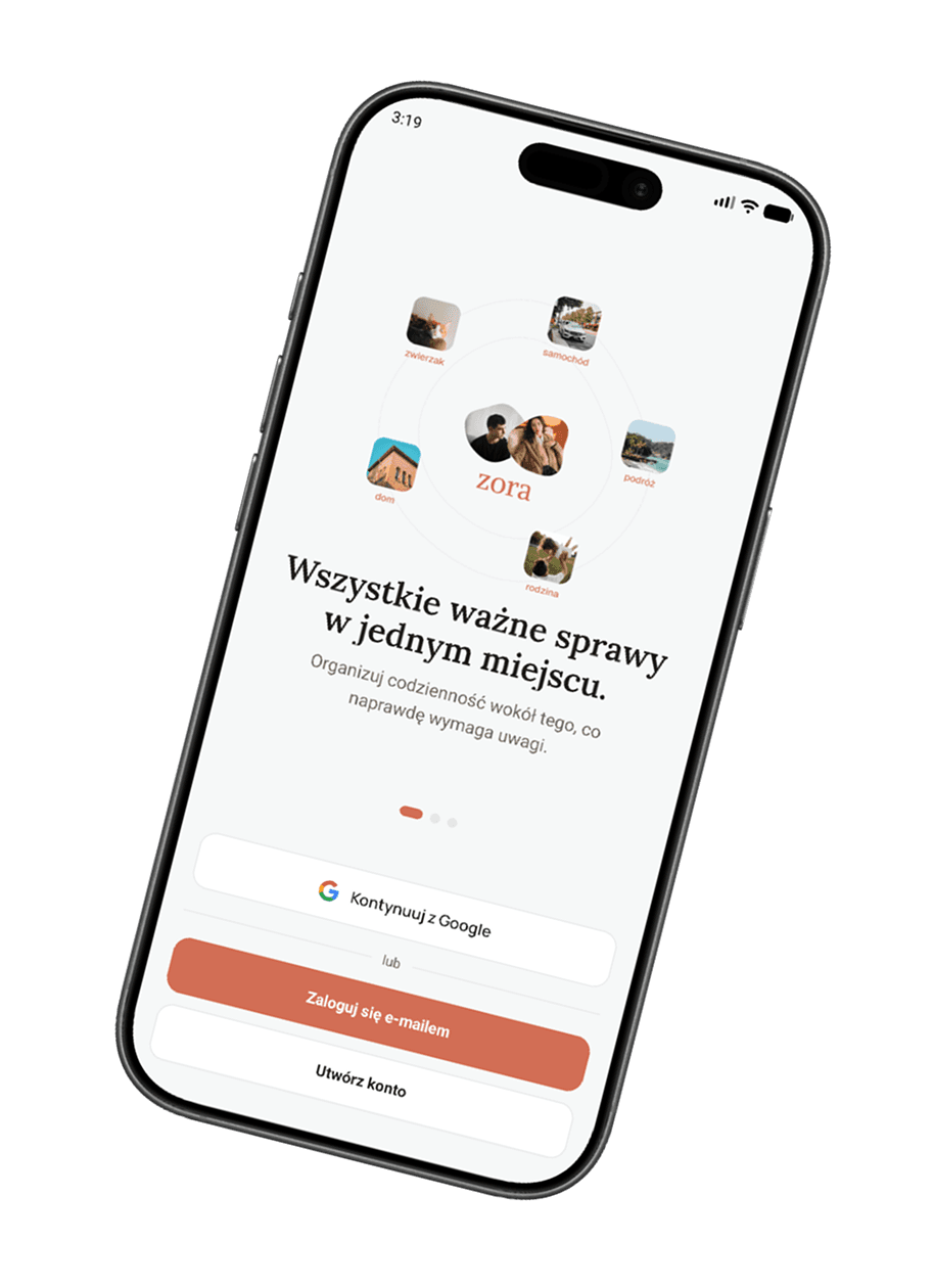 Ekran powitalny logowania w aplikacji Zora