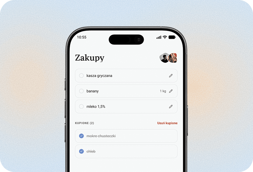 Ekran wspólnej listy zakupów w aplikacji Zora